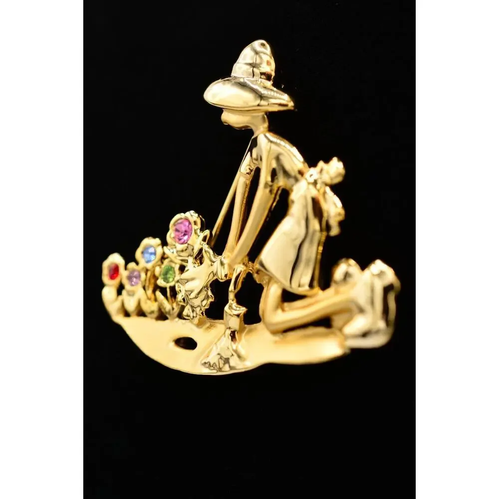 Vintage Flower Garden Pin Brooch Figural Floral Crystal Gold NOS 1980s BinA9